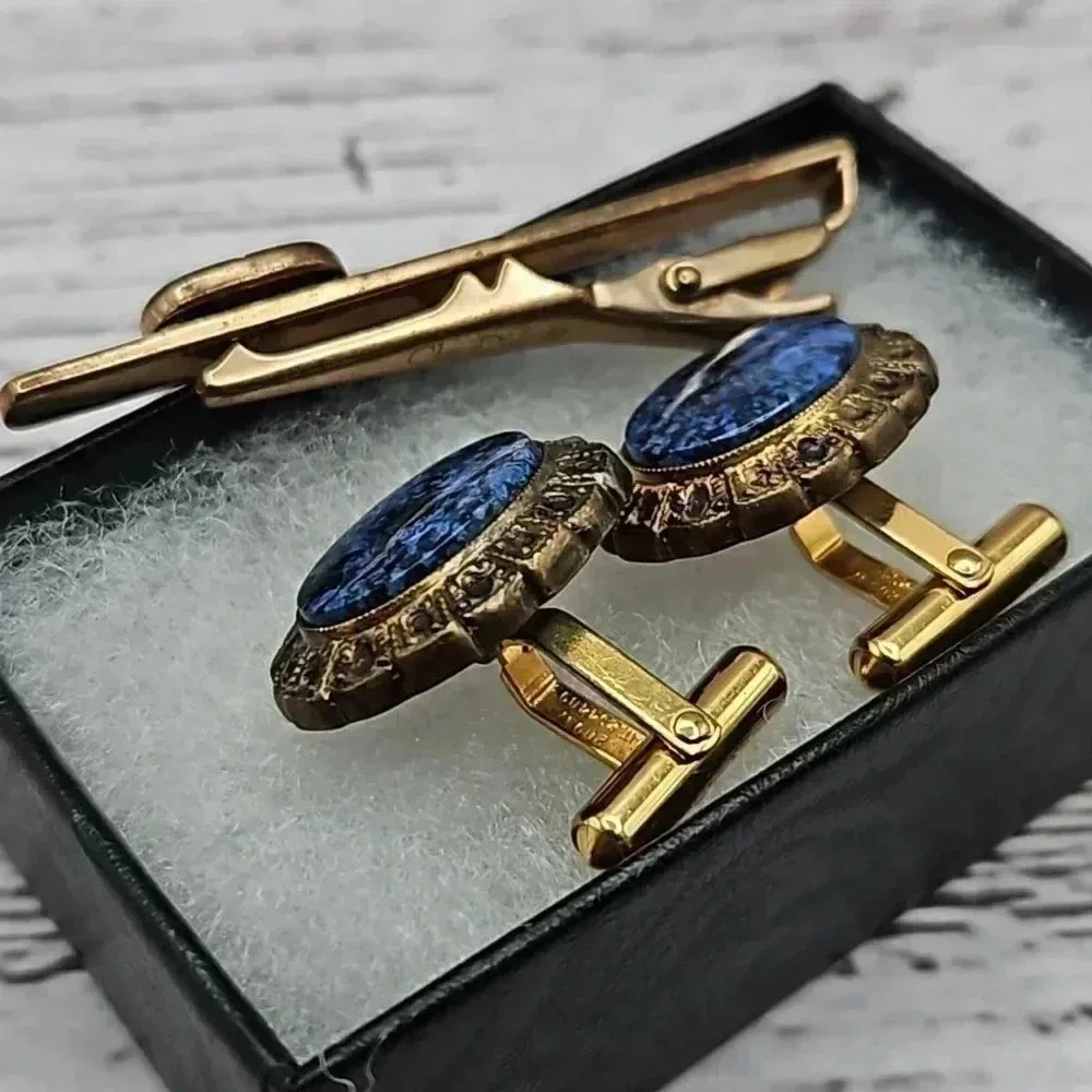 Christian Dior Vintage Gold Tone and Sodalite Cufflinks and tie bar set